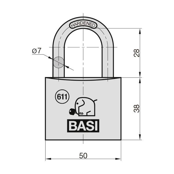Das Bild zeigt ein Vorhängeschloss mit der Aufschrift 'BASI'. Es hat die Maße 50 mm Breite, 38 mm Höhe und einen Bügeldurchmesser von 7 mm.