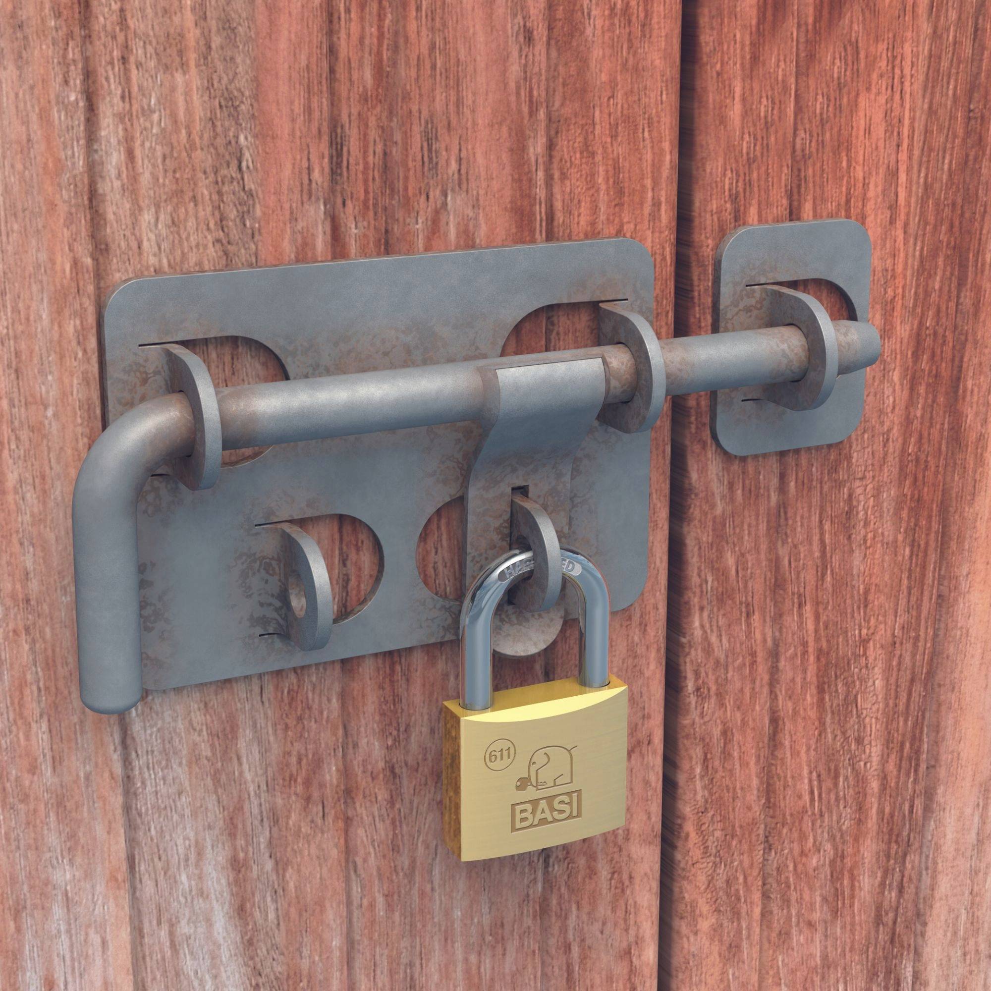 Metallverriegelung mit gelbem Vorhängeschloss auf einer Holztür; Symbol für Sicherheit.