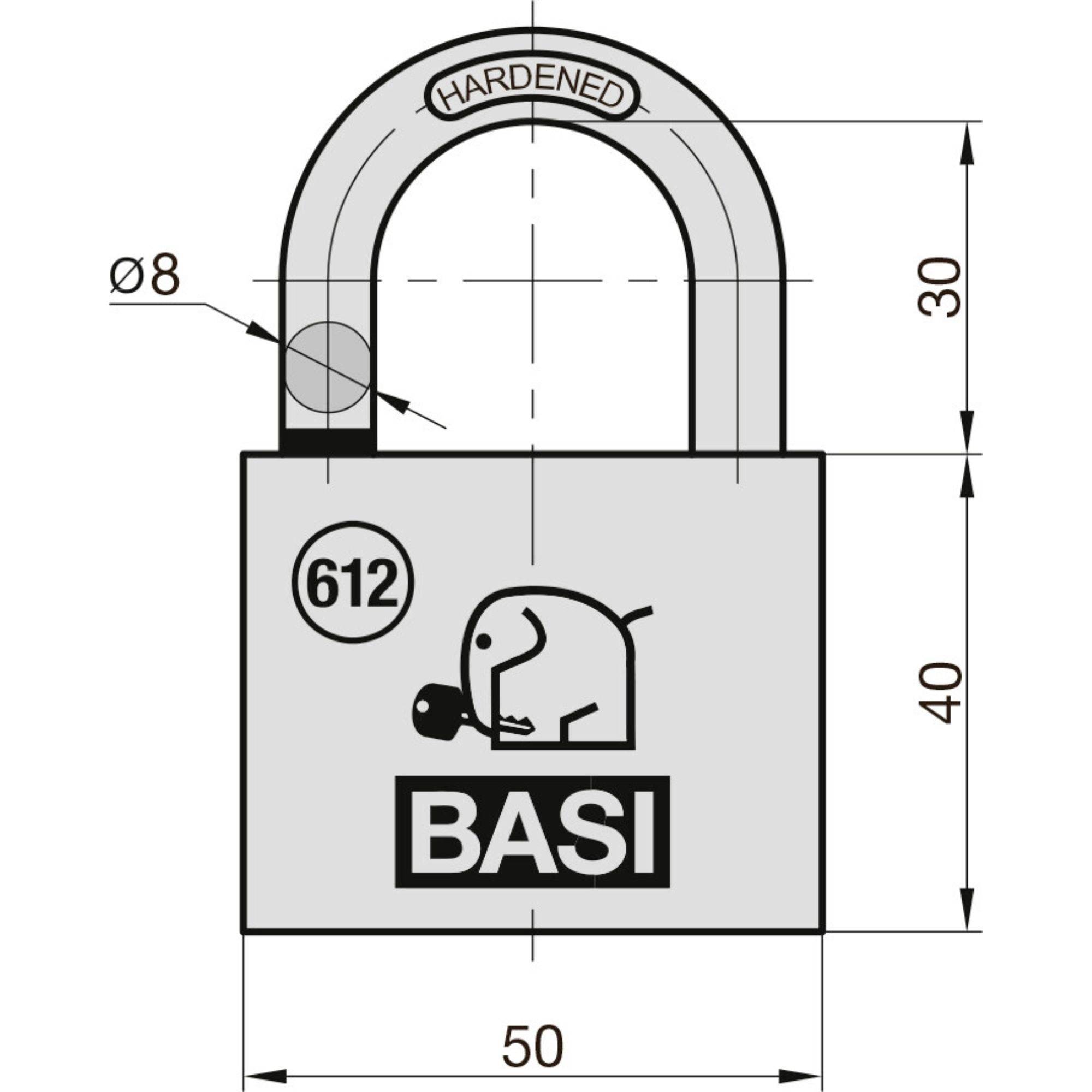 'Technische Zeichnung des BASI-Vorhängeschlosses. Abmessungen: 50mm Breite, 40mm Höhe. Schäkel-Durchmesser Ø8, 30mm Höhe. Modell 612 aus gehärtetem Stahl.'