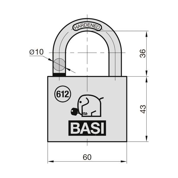 Ein Schließzylinder mit den Maßen: Breite 60mm, Höhe 43mm, Bügelhöhe 36mm, Bügeldurchmesser 10mm. Markiert mit '612' und 'BASI'.