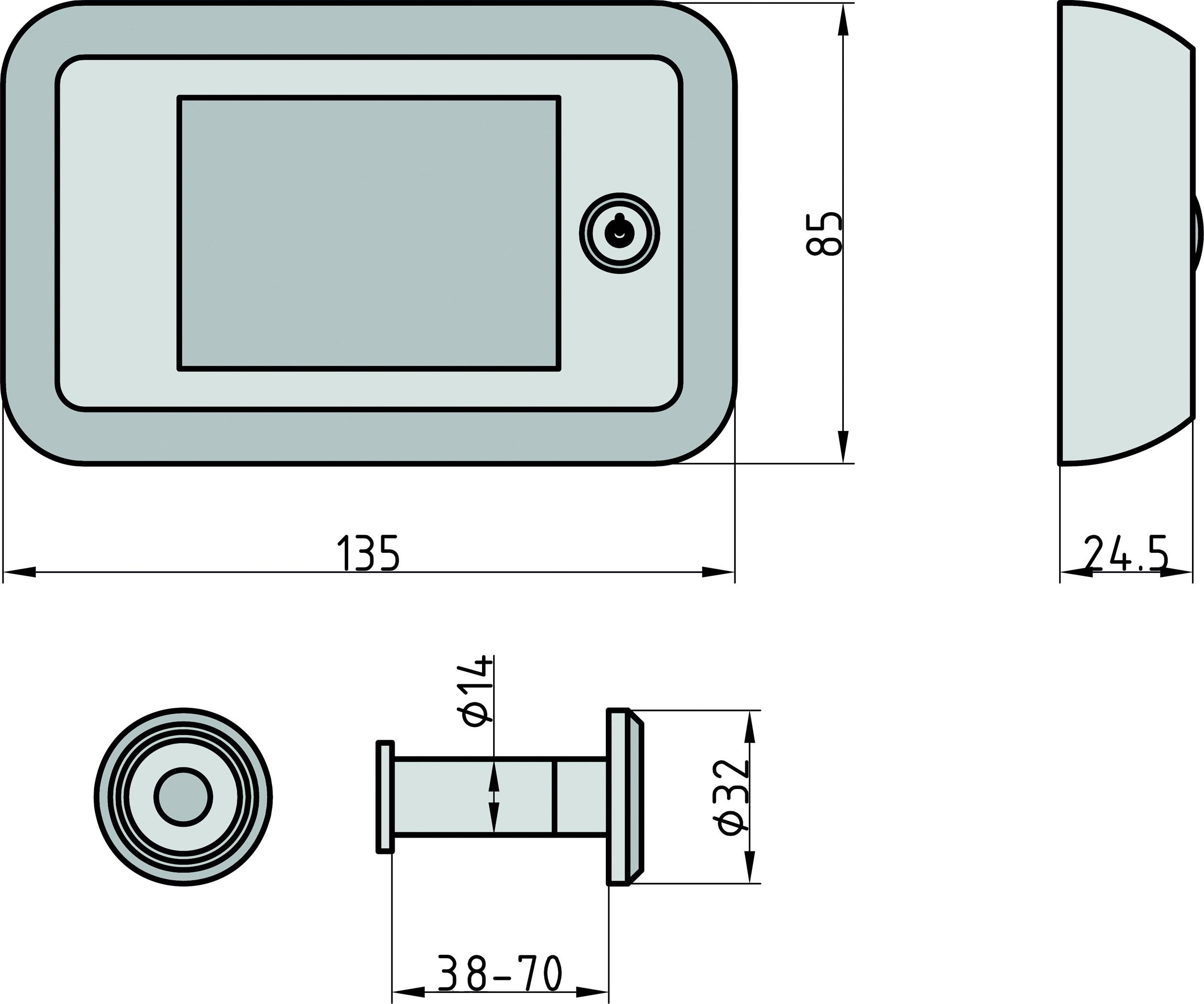 Technische Zeichnung eines Türspions mit den Maßen: Breite 135 mm, Höhe 85 mm, Tiefe 24,5 mm. Rohrdurchmesser: 14 mm, Länge: 38-70 mm.