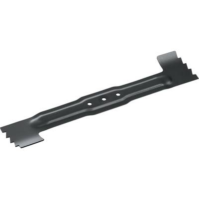 Rasenmähermesser mit drei Löchern für Befestigung, gezackte Enden zur verbesserten Schneideleistung. Schwarz, metallisch.