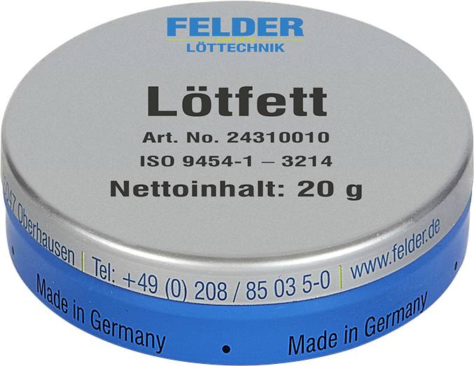 Eine kleine runde Dose mit der Aufschrift „FELDER Lötfett", mit Produktdetails und Kontaktinformationen. Sie ist in Deutschland hergestellt und hat ein Nettogewicht von 20 Gramm.