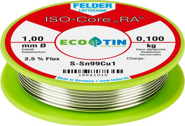 Felder ISO-Core "RA" Sn99Cu1 Lötzinn, bleifrei Spule Sn99,3Cu0,7 0.100 kg 1 mm