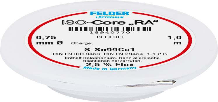'Rolle Lötzinn ISO-Core "RA" von FELDER, bleifrei, 0,75 mm Ø, Charge: S-Sn99Cu1, 2,5 % Flux. Made in Germany.'