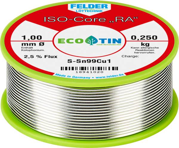 Felder ISO-Core "RA" Sn99Cu1 Lötzinn, bleifrei Spule Sn99,3Cu0,7 0.250 kg 1 mm