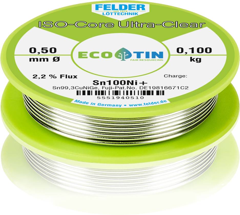 FELDER Löttechnik ISO-Core \"Ultra-Clear\" Sn100Ni+ Lötzinn, bleifrei Spule Sn99.25Cu0.7Ni0.05 0.