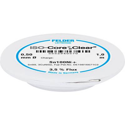 Lötzinn-Spule mit der Aufschrift 'ISO-Core Clear', Durchmesser 0,50 mm, 1 m lang, Sn100Ni+, 3,5 % Flussmittel, hergestellt in Deutschland.