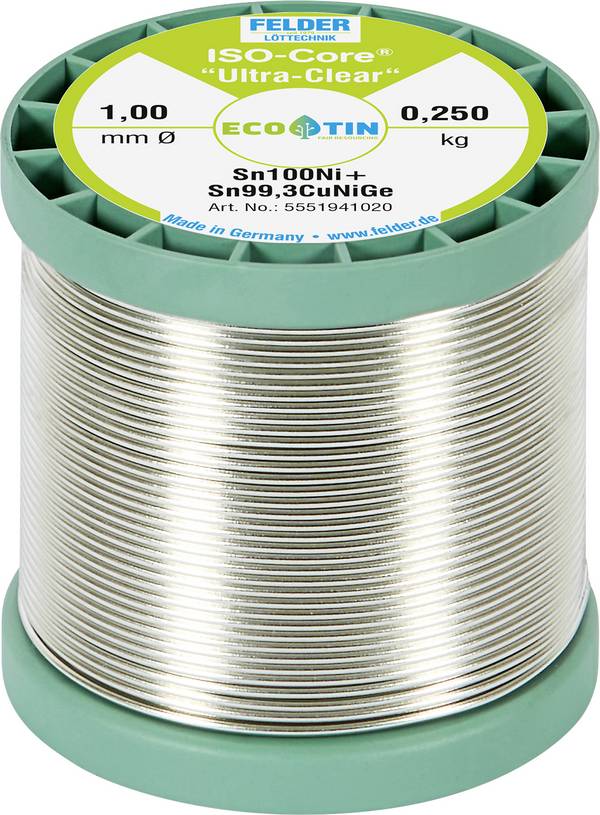 Felder ISO-Core "Ultra-Clear" Sn100Ni+ Lötzinn, bleifrei Spule Sn99,25Cu0,7Ni0,05 0.250 kg 1 mm