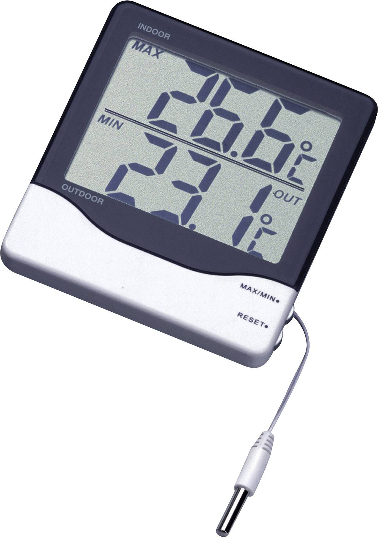 Digitales Thermometer zeigt 20,6°C innen und 23,1°C außen. Schwarzes und silbernes Gehäuse mit Kabel und Sensor.