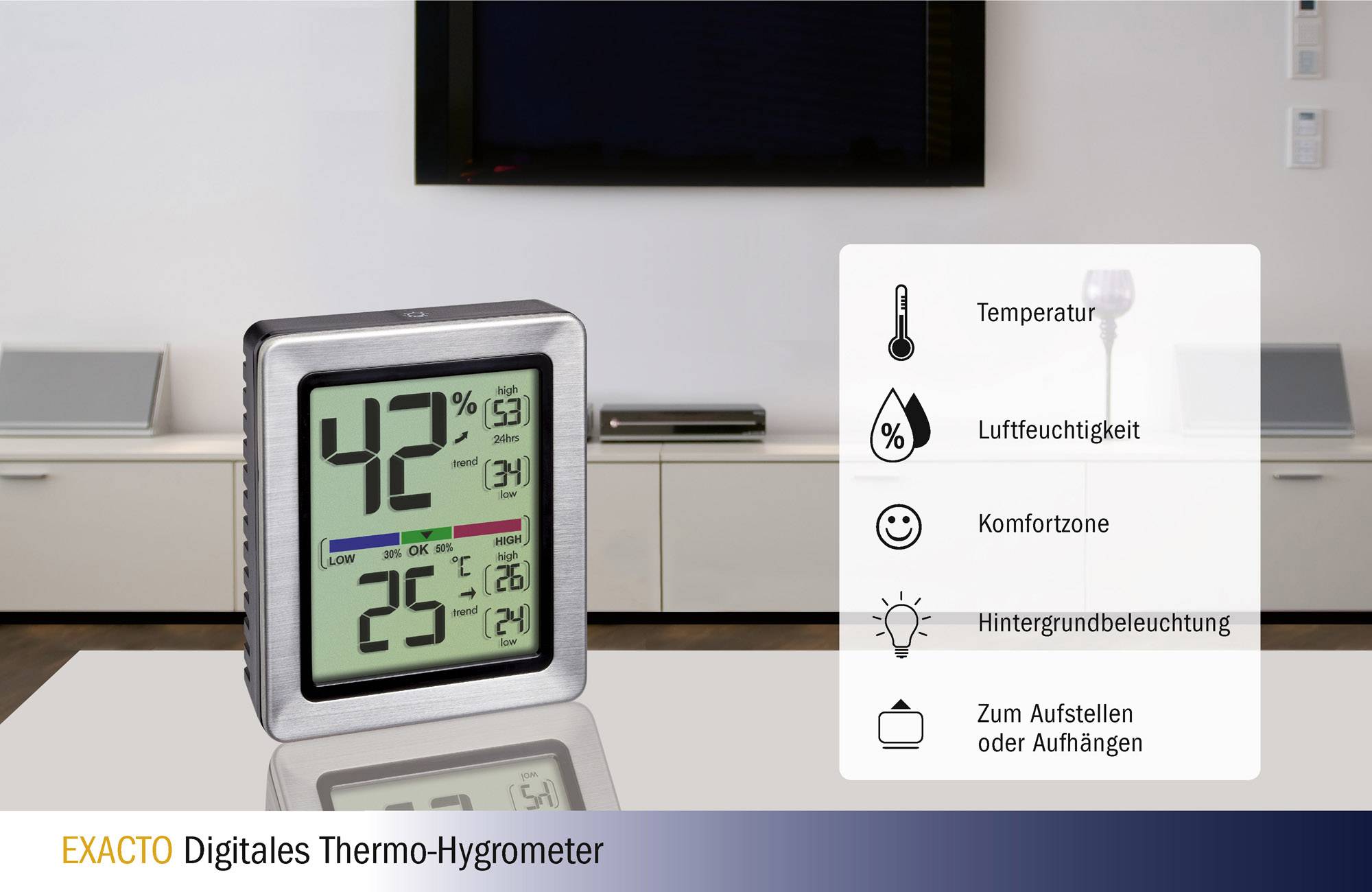 Digitales Thermo-Hygrometer auf einem Tisch. Zeigt 42% Luftfeuchtigkeit und 25°C. Icons rechts: Temperatur, Luftfeuchtigkeit, Komfortzone.