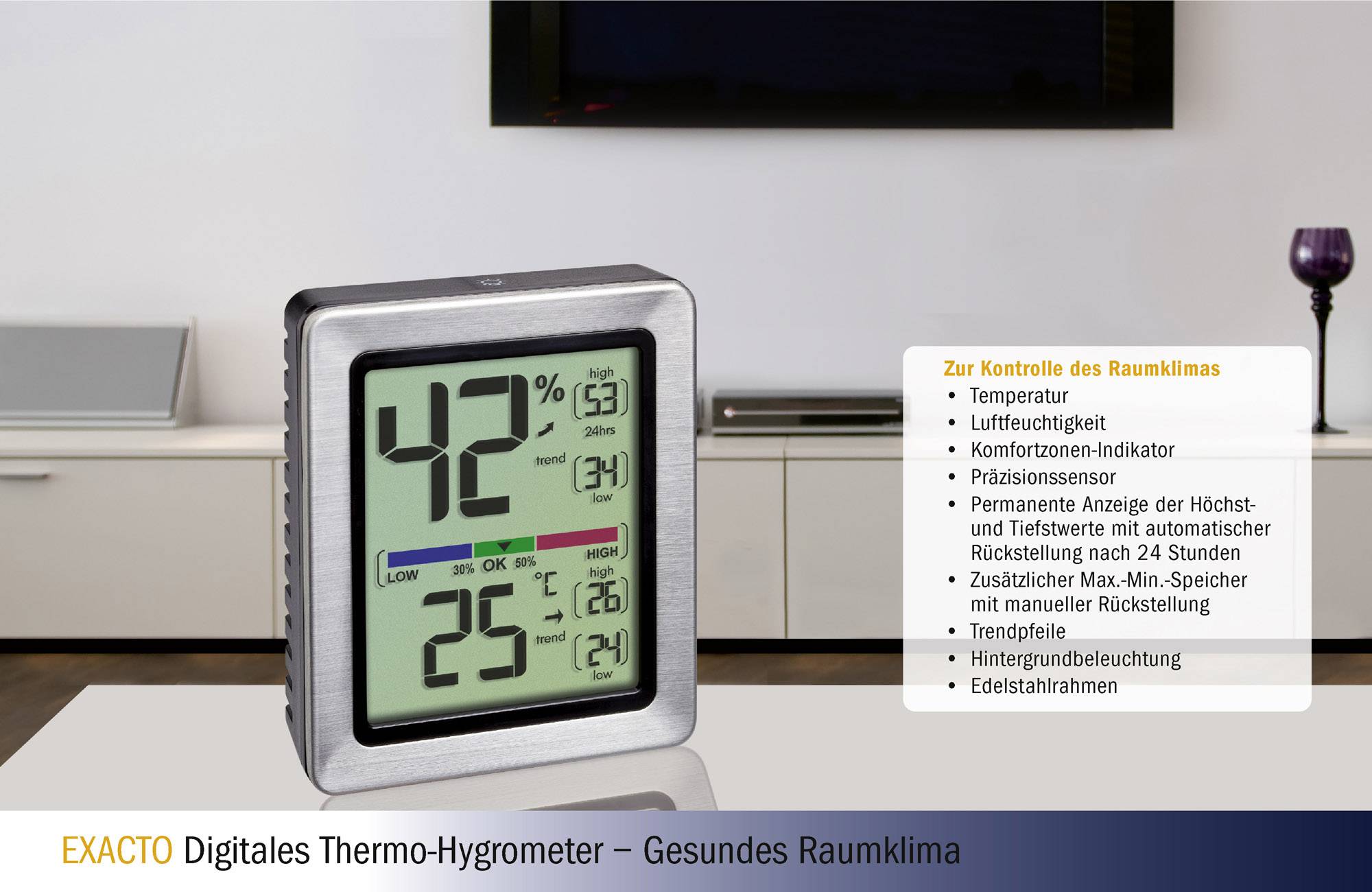 Digitales Thermo-Hygrometer zeigt 42% Luftfeuchtigkeit, 25°C. Liste beschreibt Funktionen: Temperatur, Luftfeuchtigkeit, Komfortzone-Indikator.