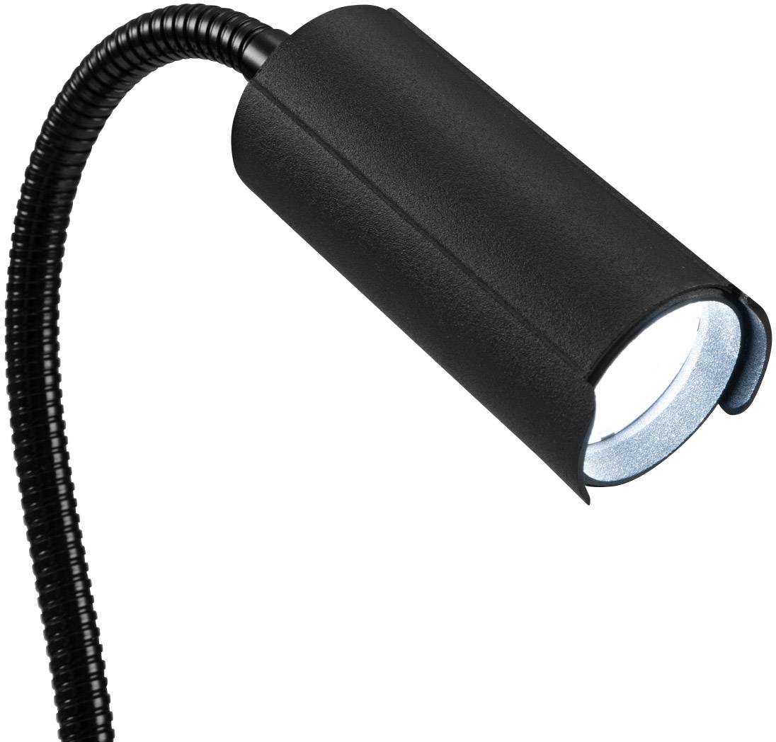 Schwarze Leselampe mit flexiblem Hals, leuchtet mit hellem, weißem Licht. Ideal für gezielte Beleuchtung z.B. beim Lesen.