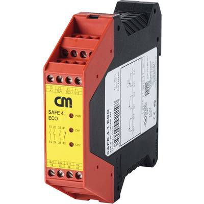 Ein rotes und schwarzes Sicherheits-Relaismodul mit der Aufschrift 'SAFE 4 ECO'. Enthält Anschlüsse und LED-Anzeigen auf der Vorderseite.