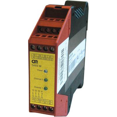 Ein Sicherheitsrelais-Modul mit Anschlussklemmen und LED-Anzeigen für Power und Kanalstatus, verwendet in industriellen Anwendungen.