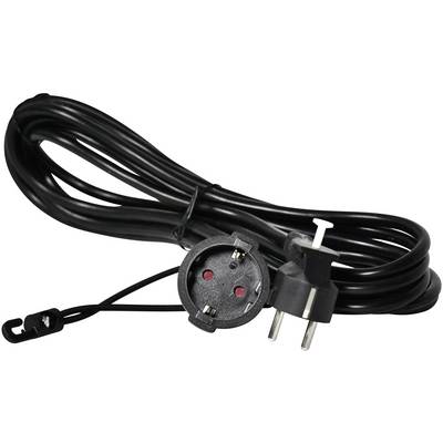 Ein schwarzes Stromkabel mit europäischem Schuko-Stecker und Kabelhalter; kann zur Stromversorgung von Elektrogeräten verwendet werden.