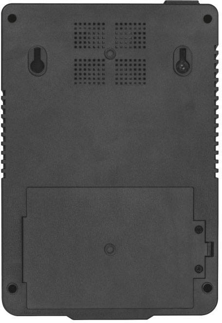 Rückseite eines elektronischen Geräts mit Halterungen für Wandmontage und Batteriefach unten in der Mitte.