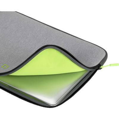 Eine graue Laptop-Schutzhülle mit grünem Innenfutter, teilweise geöffnet, zeigt einen Laptop im Inneren.