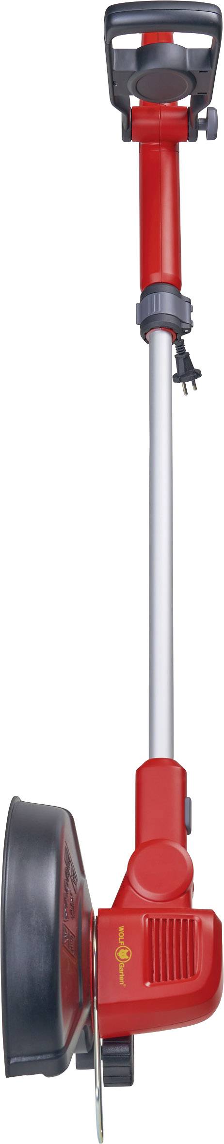 Elektrischer Rasentrimmer mit rotem Gehäuse und schwarzem Schutzschild, ideal zum Trimmen von Rasenkanten und schwer erreichbaren Stellen.