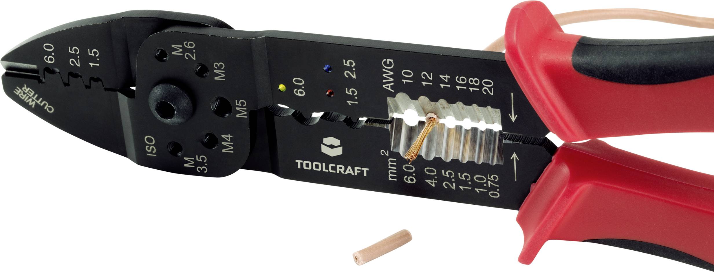 Zange mit Schneidefunktion und Kabelabisolierer, geeignet für verschiedene Drahtgrößen. Griff in Rot und Schwarz, abisolierter Draht sichtbar.