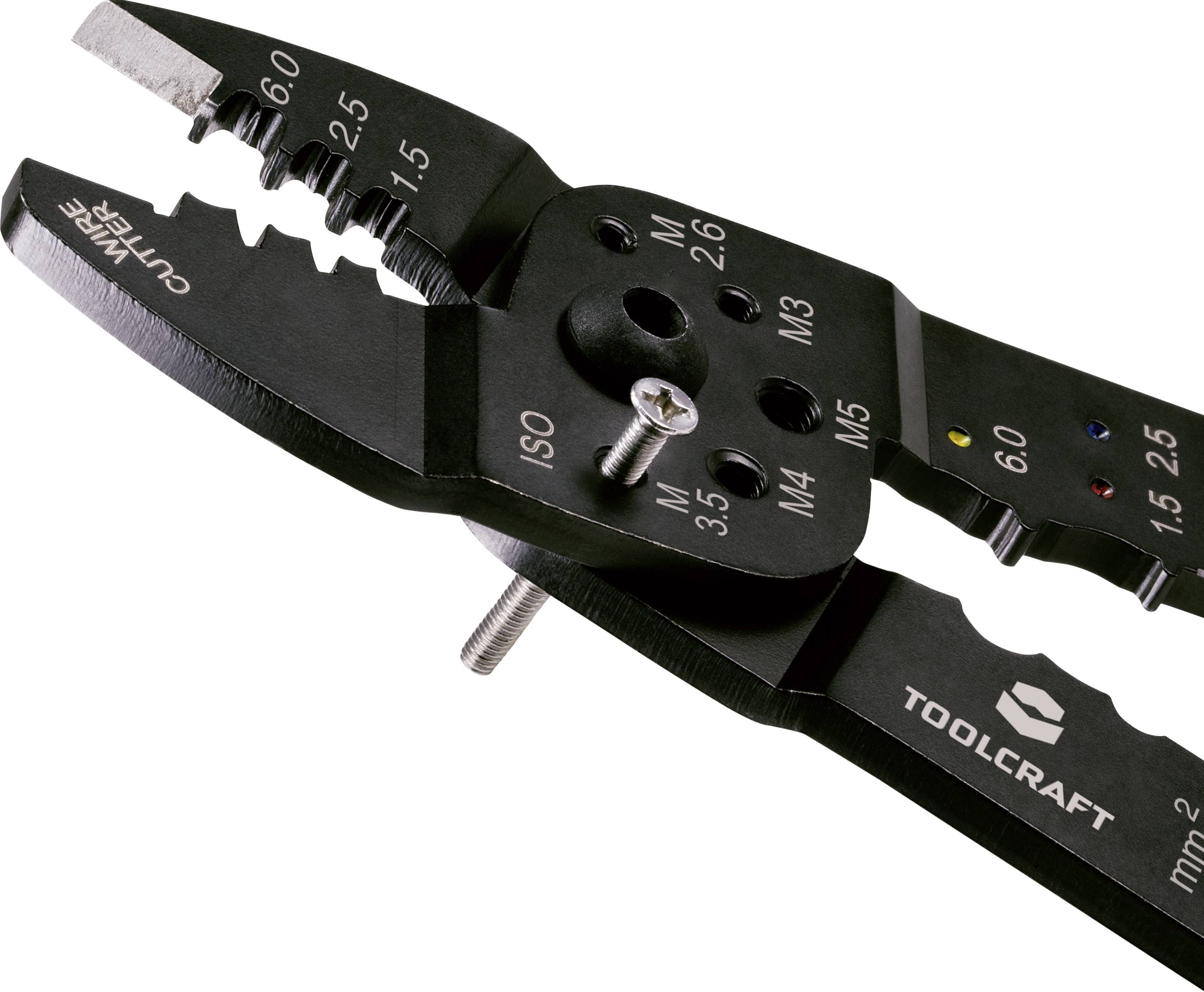 Schwarz-metallicfarbige Crimpzange mit mehreren Kerben und Schraube. Markierungen für verschiedene Kabelgrößen sind sichtbar.