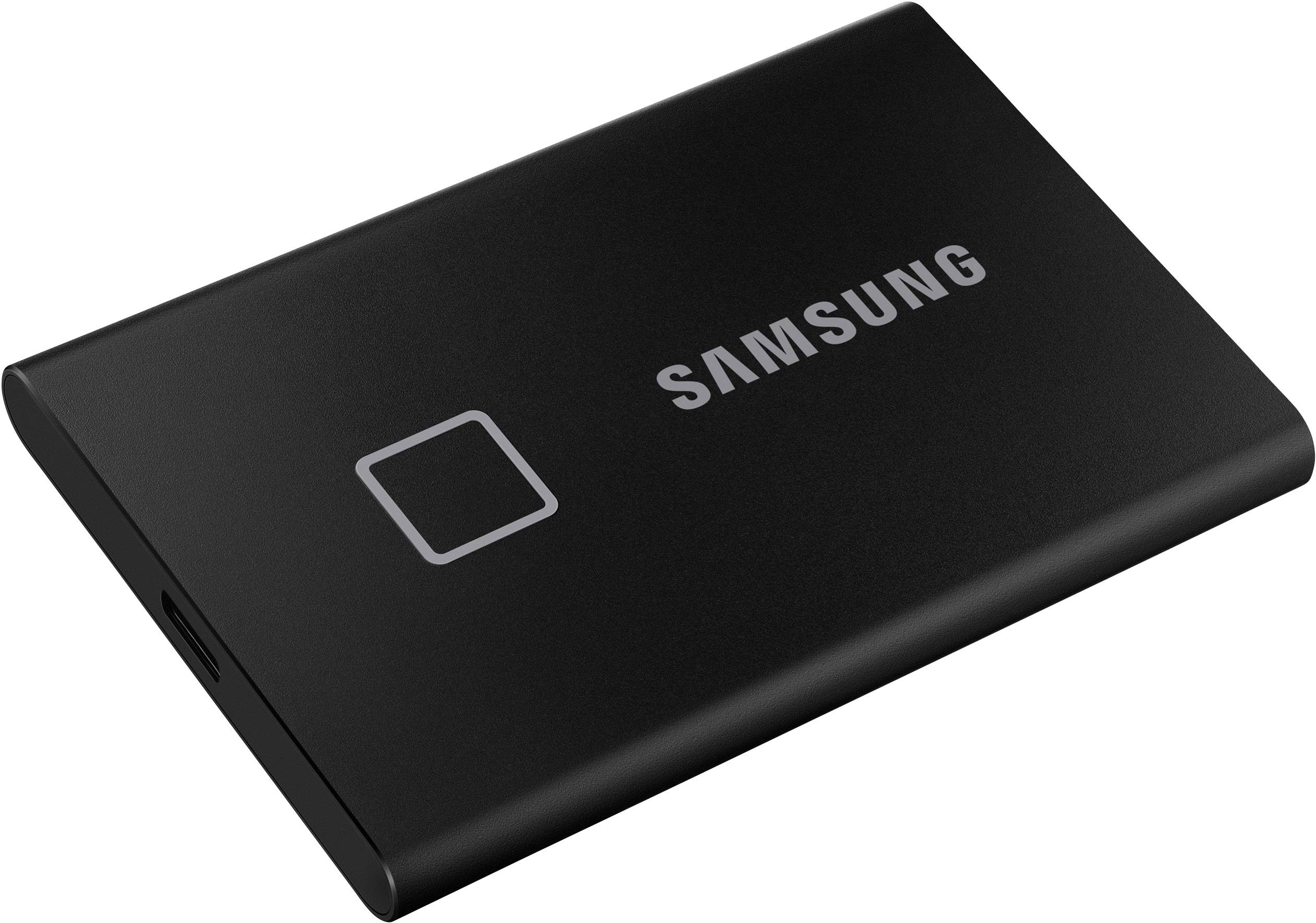 Externe schwarze SSD von Samsung mit Fingerabdruckscanner auf der Oberseite.