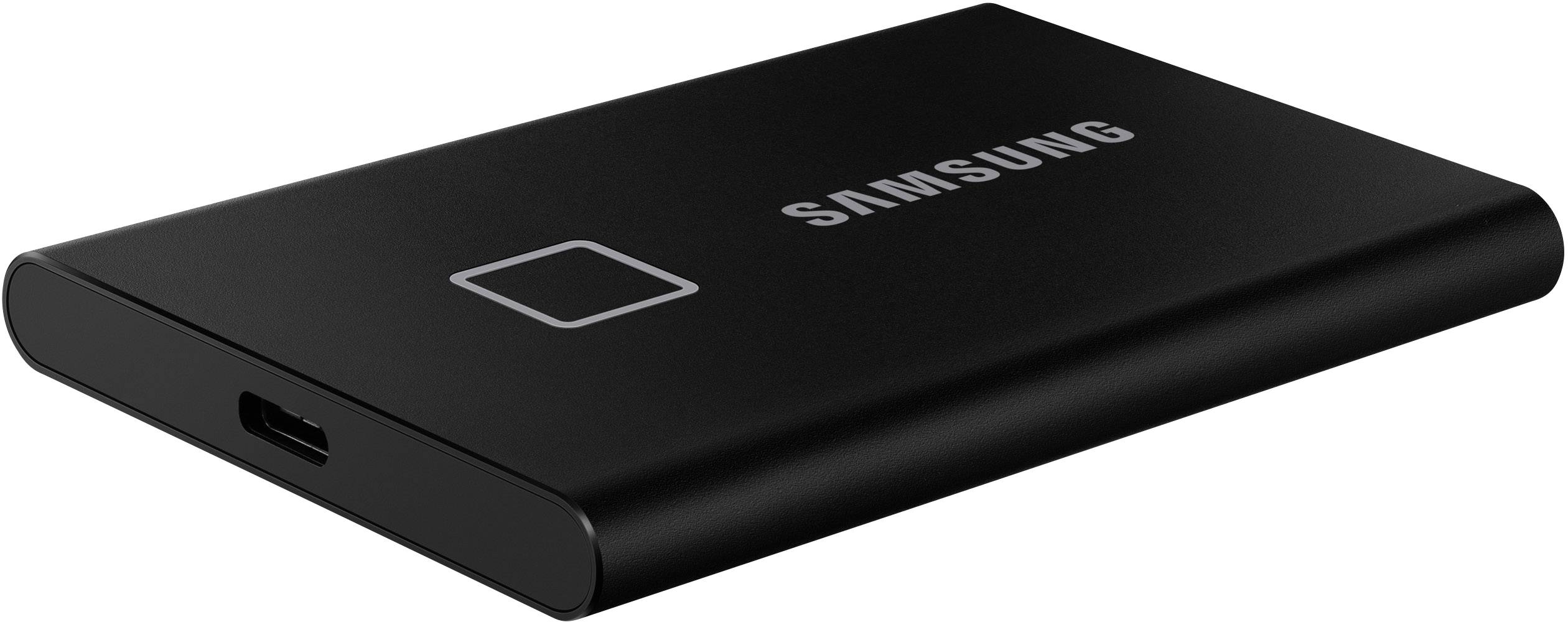 Externe schwarze SSD-Festplatte mit USB-C-Anschluss. Auf der Oberseite steht 'Samsung'. Geeignet für schnelle Datenübertragung.