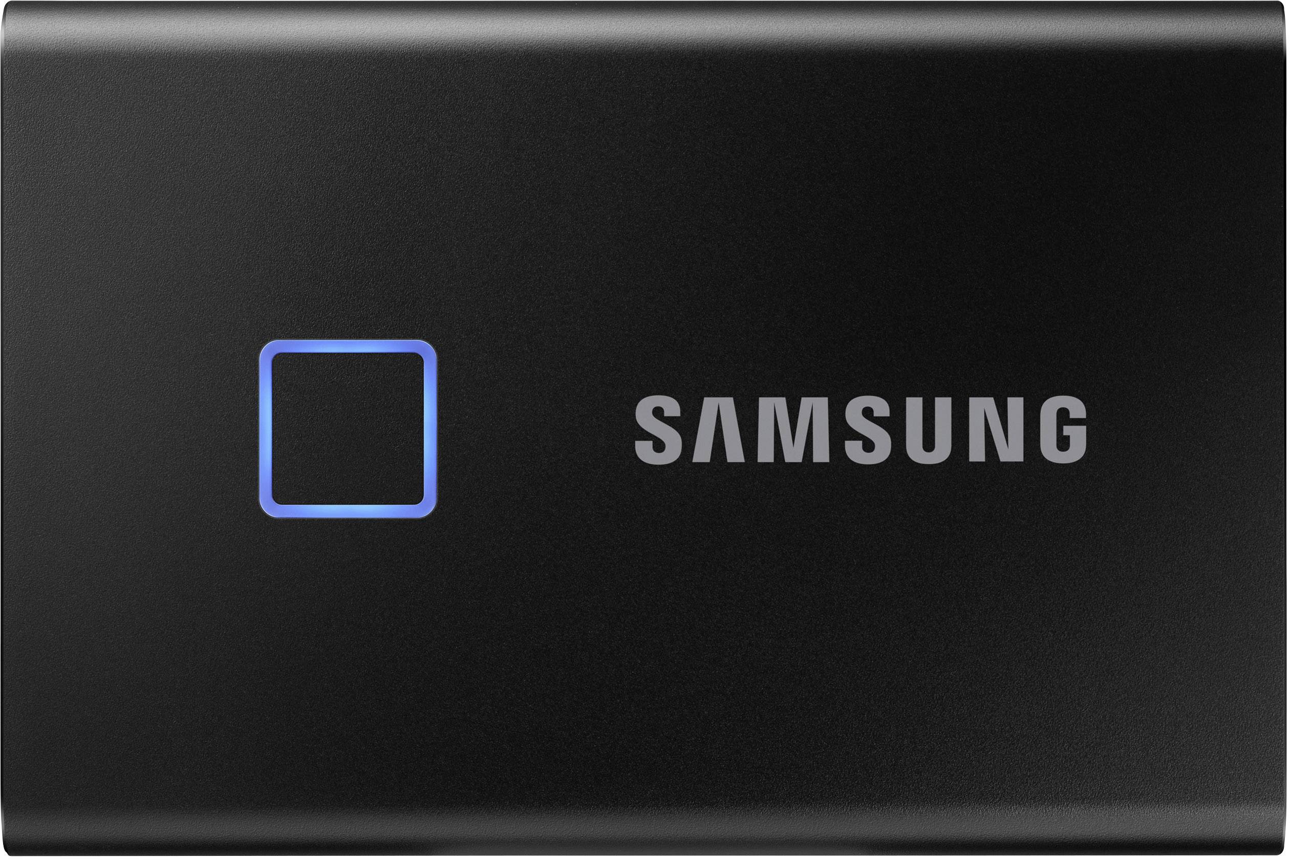 Schwarze tragbare Samsung SSD mit quadratischer, leuchtender Anzeige links und 'Samsung'-Logo in Grau rechts.
