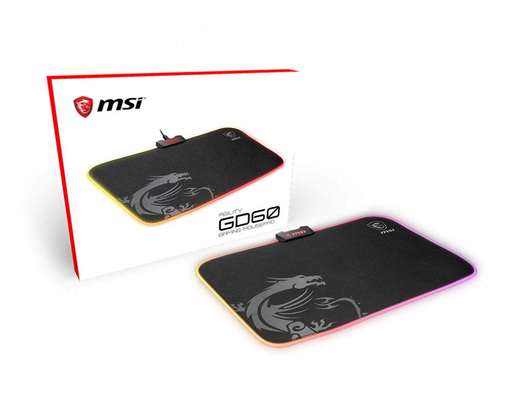 'Gaming-Mauspad MSI Agility GD60' mit RGB-Beleuchtung und Drachenmuster. Verpackung zeigt Produktabbildung.