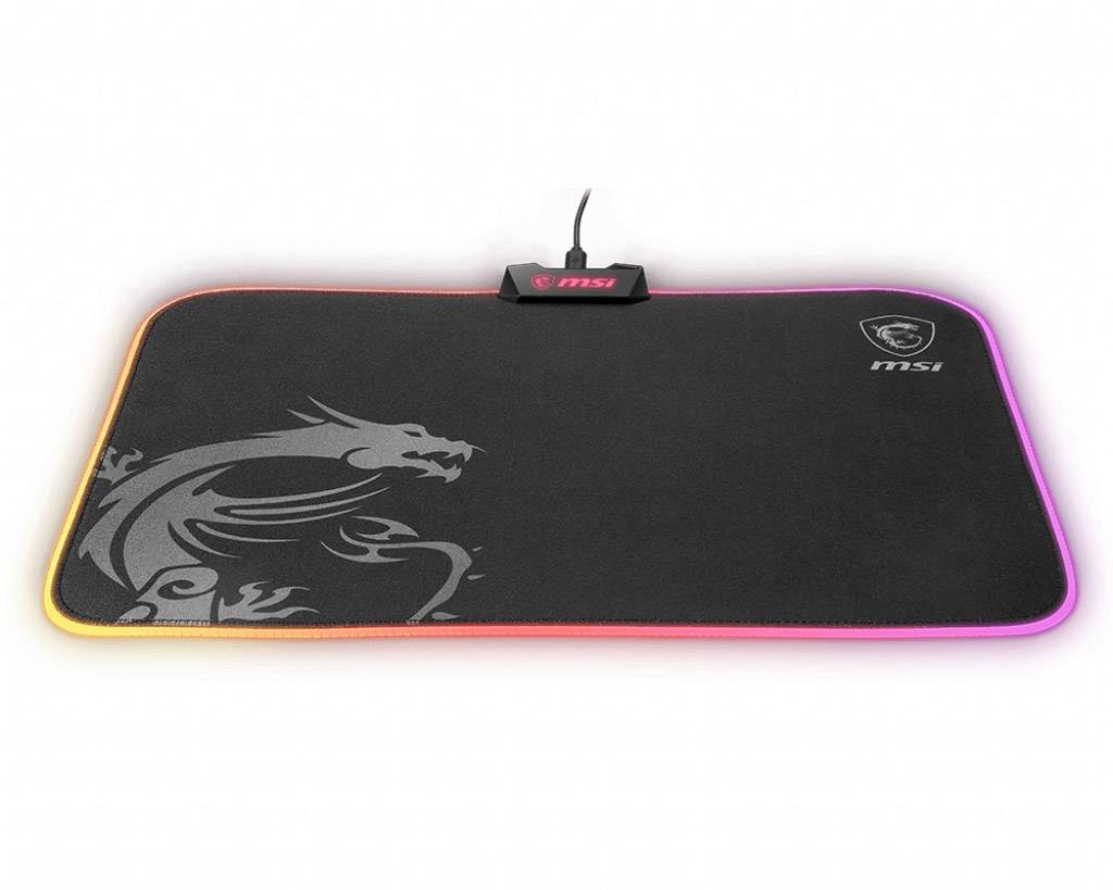 MSI Gaming-Mauspad mit RGB-Beleuchtung und Drachenmotiv auf schwarzem Hintergrund. Geeignet für PC-Gaming mit rutschfester Unterseite.