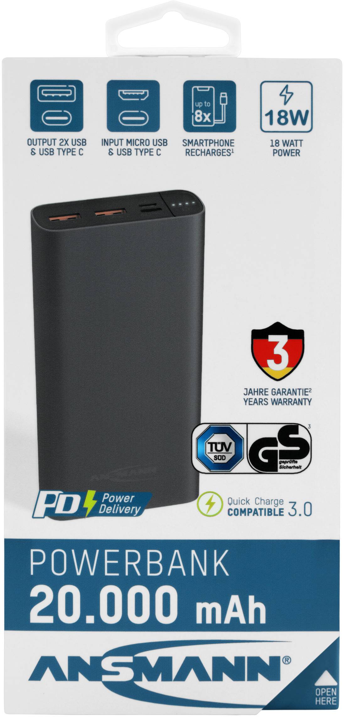 Ansmann 20Ah PD Powerbank 20000 mAh USB PD, Quick Charge 3.0 LiPo Schwarz Statusanzeige-8