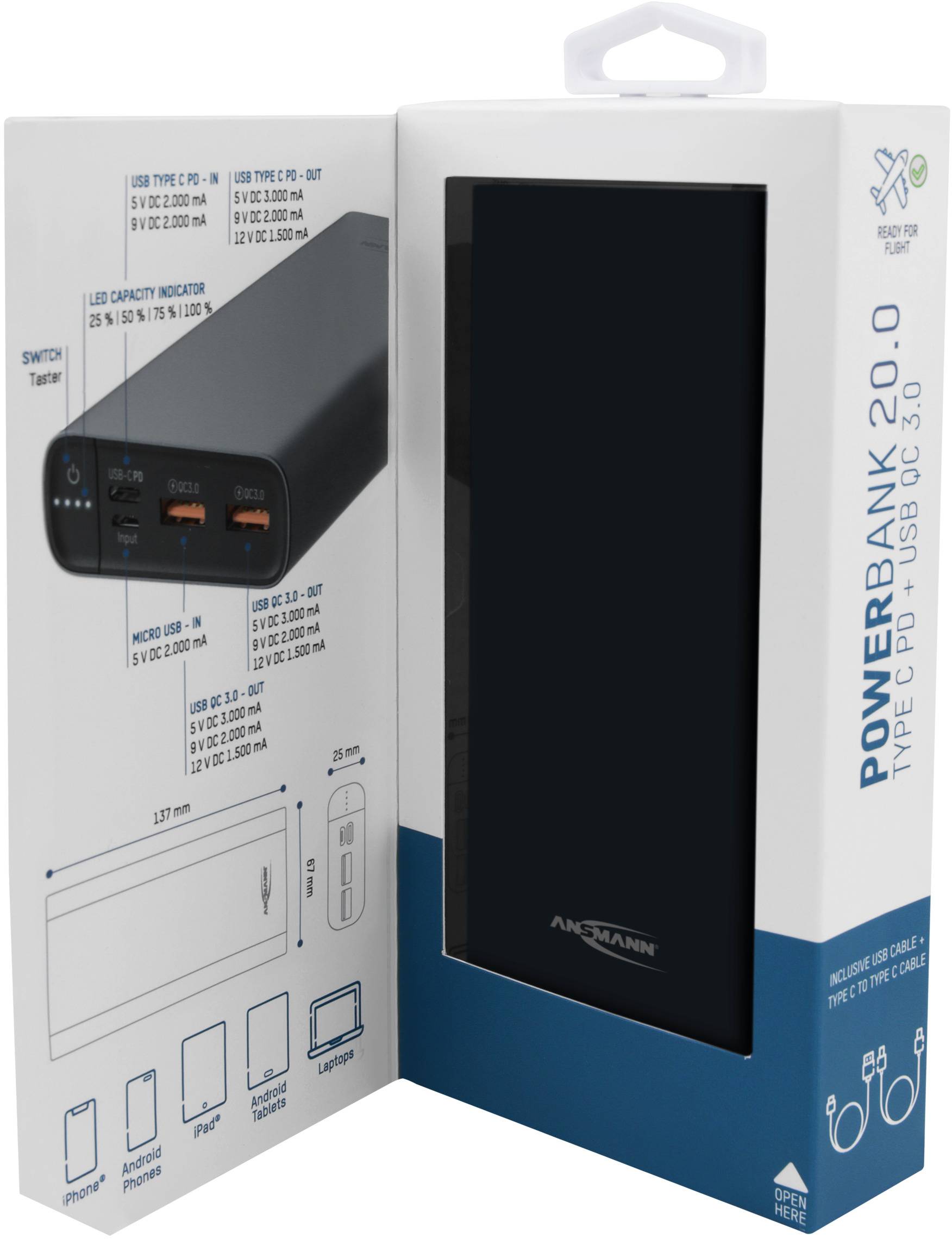 Ansmann 20Ah PD Powerbank 20000 mAh USB PD, Quick Charge 3.0 LiPo Schwarz Statusanzeige-9