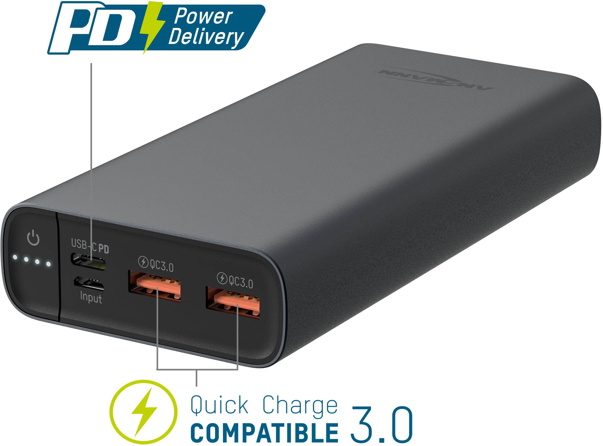 Ansmann 20Ah PD Powerbank 20000 mAh USB PD, Quick Charge 3.0 LiPo Schwarz Statusanzeige-14