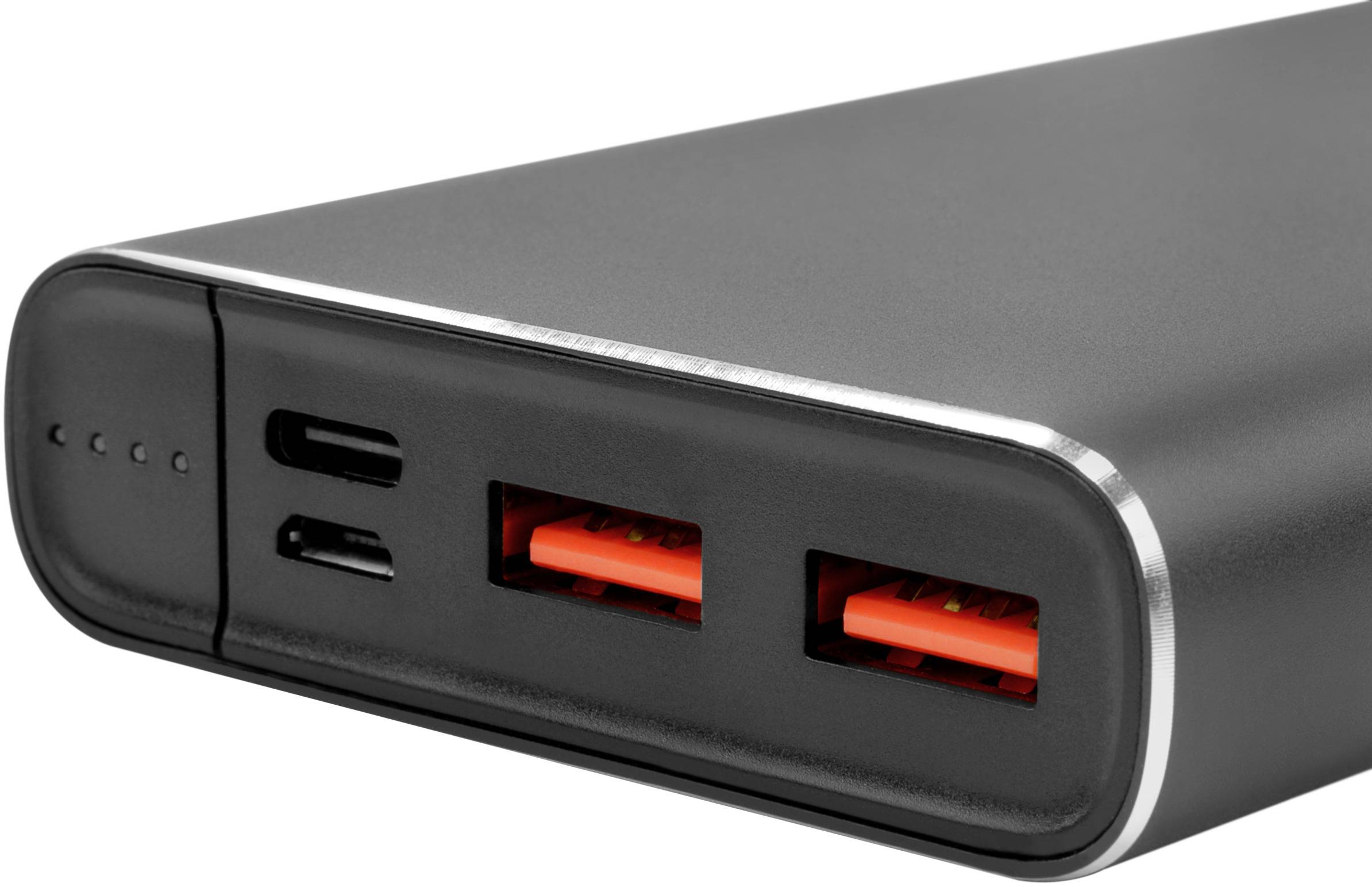 Eine schwarze Powerbank mit zwei USB-Anschlüssen und einem USB-C-Anschluss. Sie hat vier LED-Anzeigen zur Ladestatusanzeige.