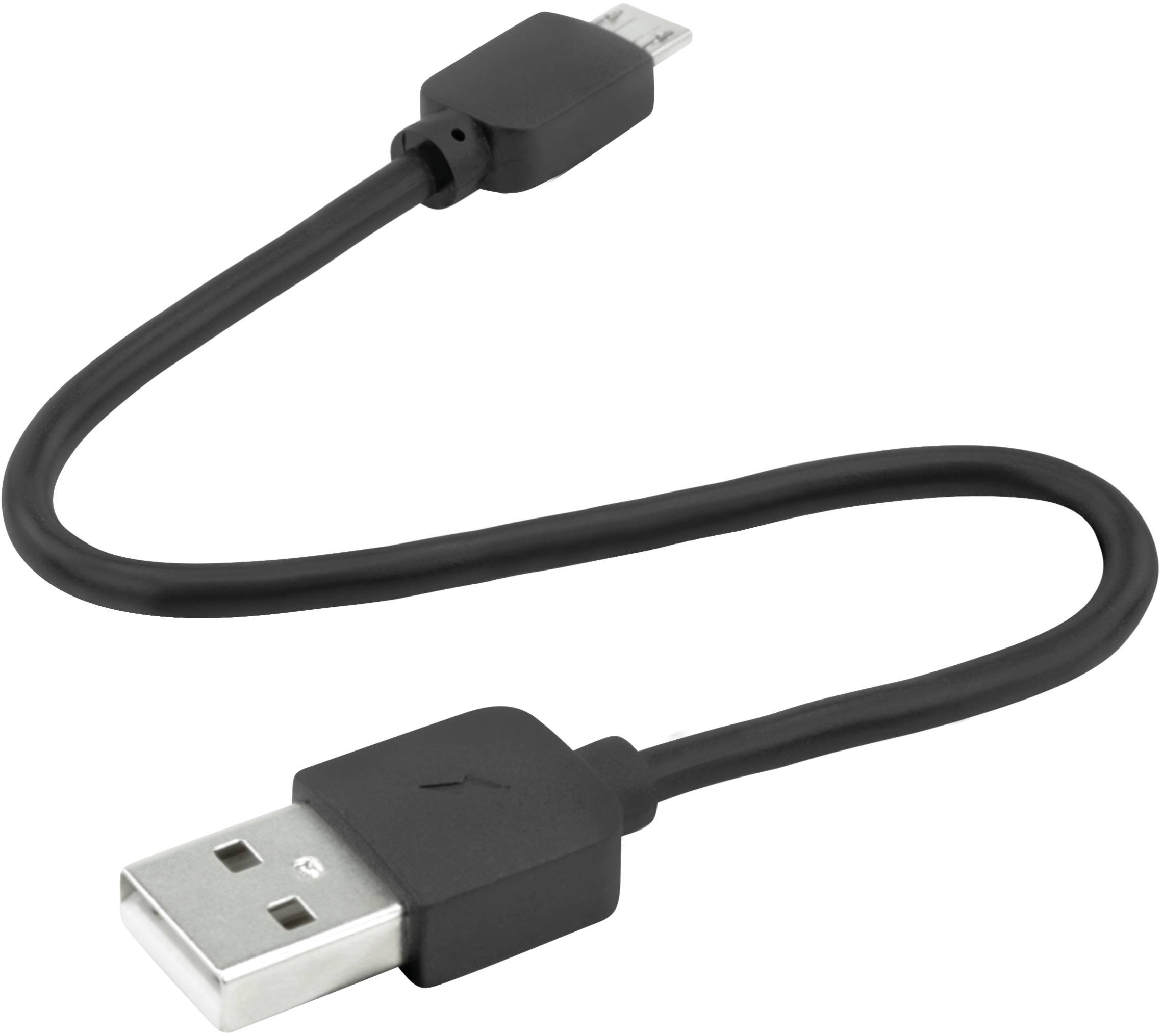 Ein schwarzes USB-Kabel mit einem Standard-USB-Stecker an einem Ende und einem Mikro-USB-Stecker am anderen Ende.