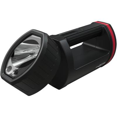Schwarze, tragbare Taschenlampe mit großem Scheinwerfer und zwei Tasten, ergonomischer Griff. Geeignet für Outdoor-Abenteuer.