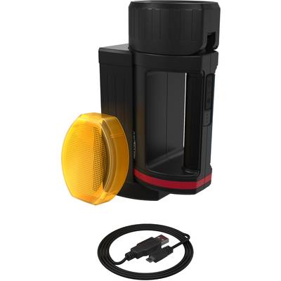 Tragbare schwarze LED-Lampe mit rotem Streifen, gelbem Reflektor und USB-Ladekabel, geeignet für Outdoor-Aktivitäten.
