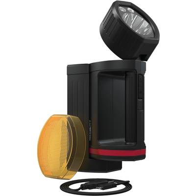 Tragbare schwarze Lampe mit abnehmbarem Scheinwerfer und orangem Filter, USB-Ladekabel im Vordergrund.
