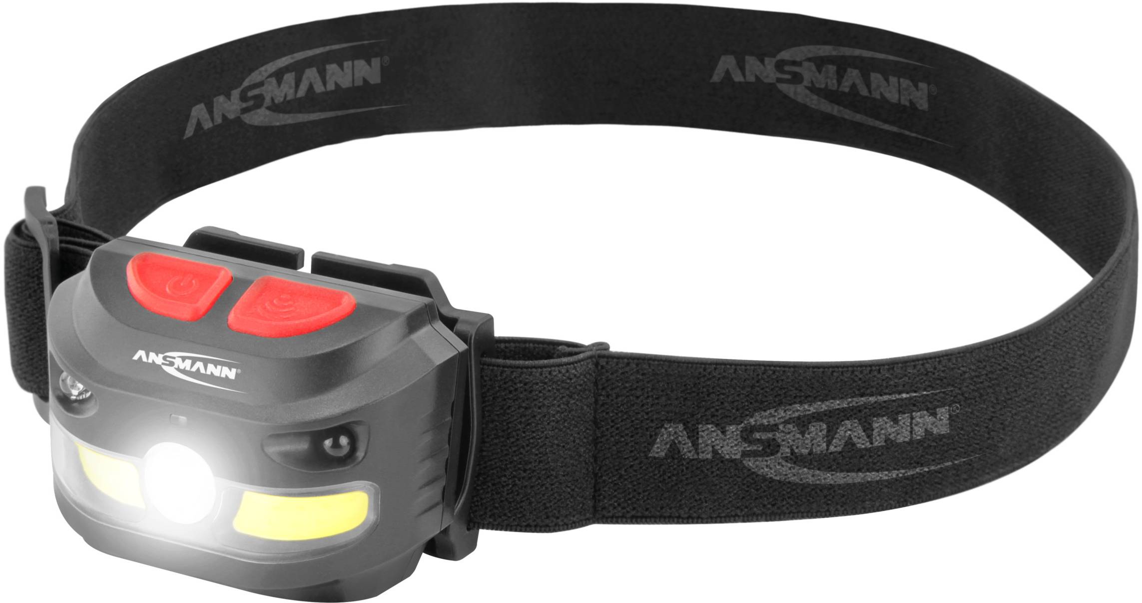 Schwarzes Stirnband mit einer grauen LED-Stirnlampe, die ein leuchtendes Licht ausstrahlt. Geeignet für Outdoor-Aktivitäten.