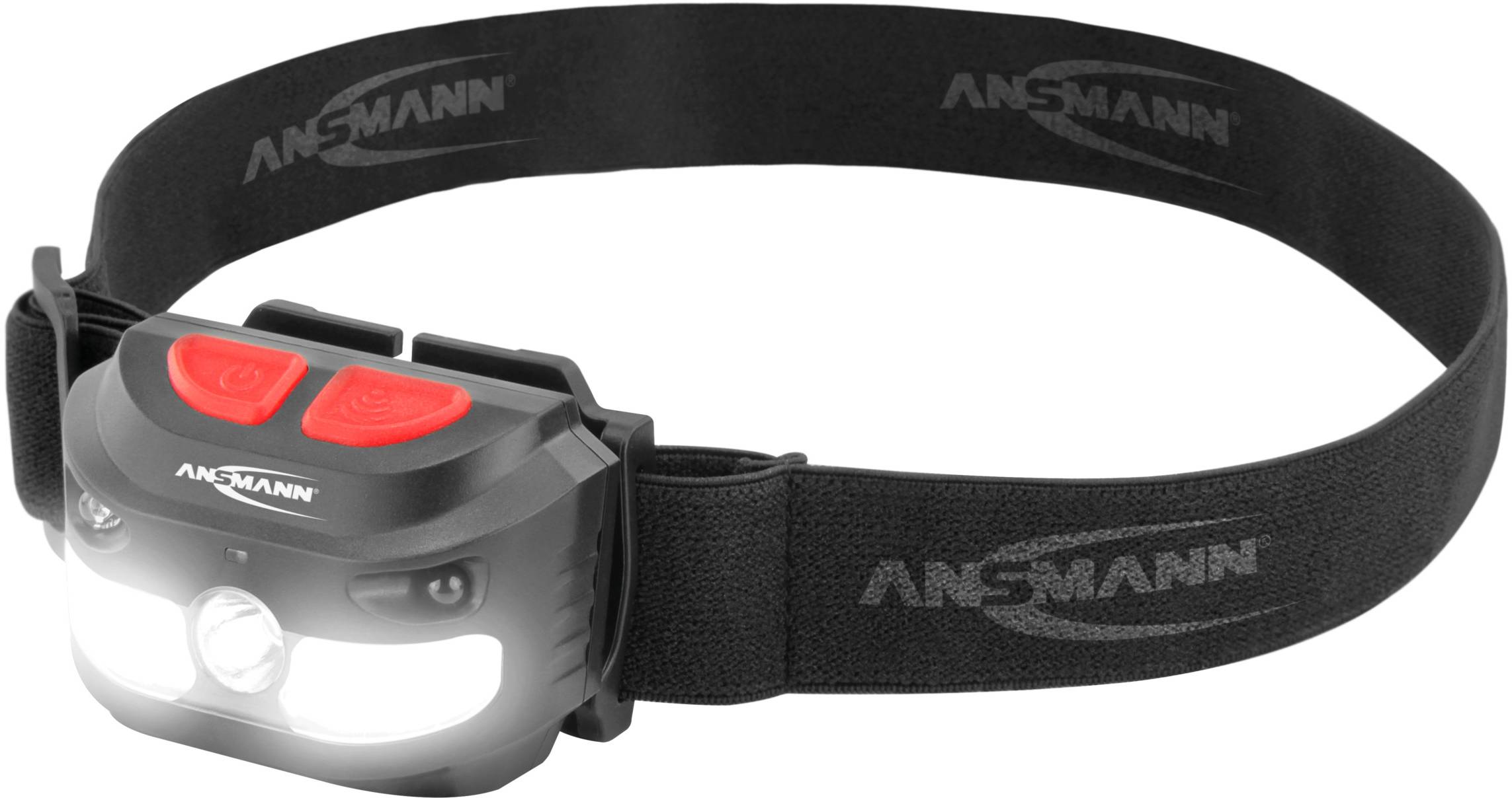 Eine schwarze Stirnlampe mit zwei roten Knöpfen und einer leuchtenden LED an der Vorderseite, getragen mit einem elastischen Band.