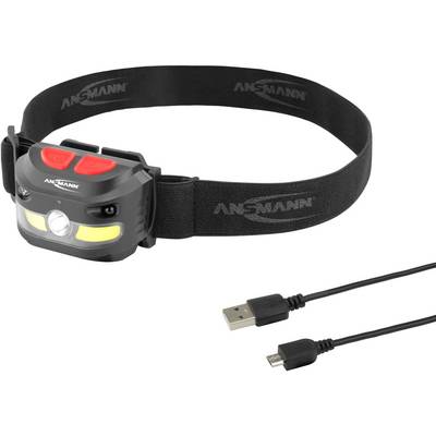 Kopflampe mit verstellbarem Gummiband, zwei roten Knöpfen und USB-Ladekabel, ideal für freihändiges Arbeiten in dunklen Umgebungen.