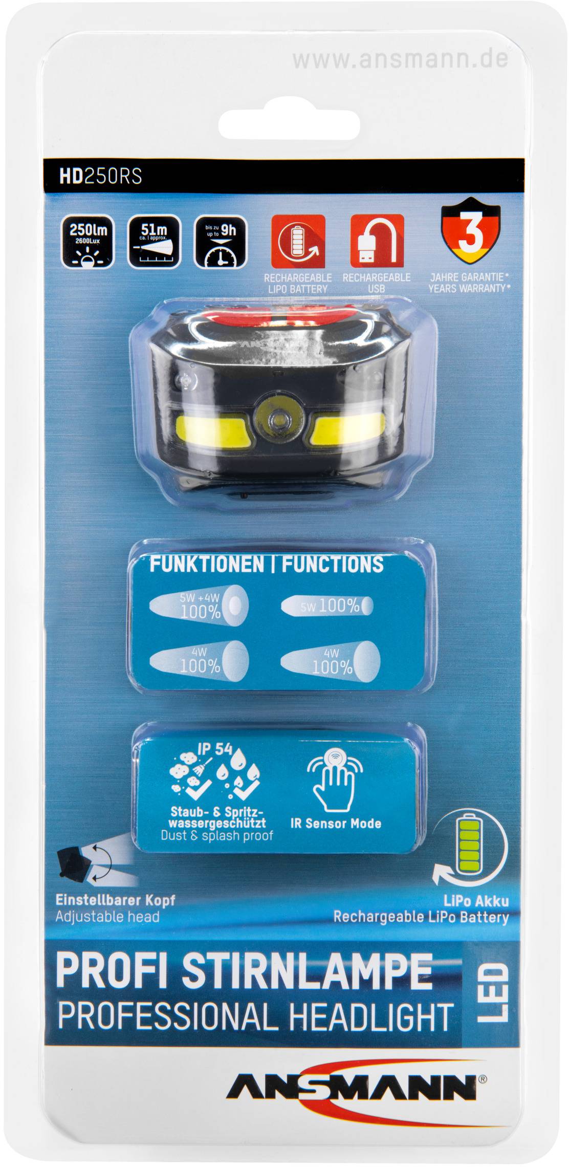 'Profi Stirnlampe LED HD250RS' in Verpackung. Funktionen: IP54, neigbarer Kopf, wiederaufladbar, IR-Sensor. 250 Lumen, 1,5m Reichweite.