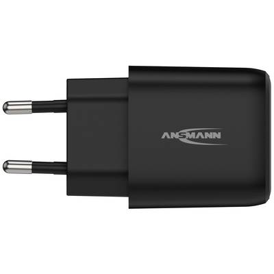 Schwarzes USB-Ladegerät mit EU-Stecker, seitlich liegend, mit silbernem 'ANSMANN'-Logo.