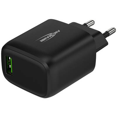 Schwarzes USB-Ladegerät mit zwei europäische Steckerkontakte und einem USB-Anschluss. Markenname auf dem Gerät sichtbar.