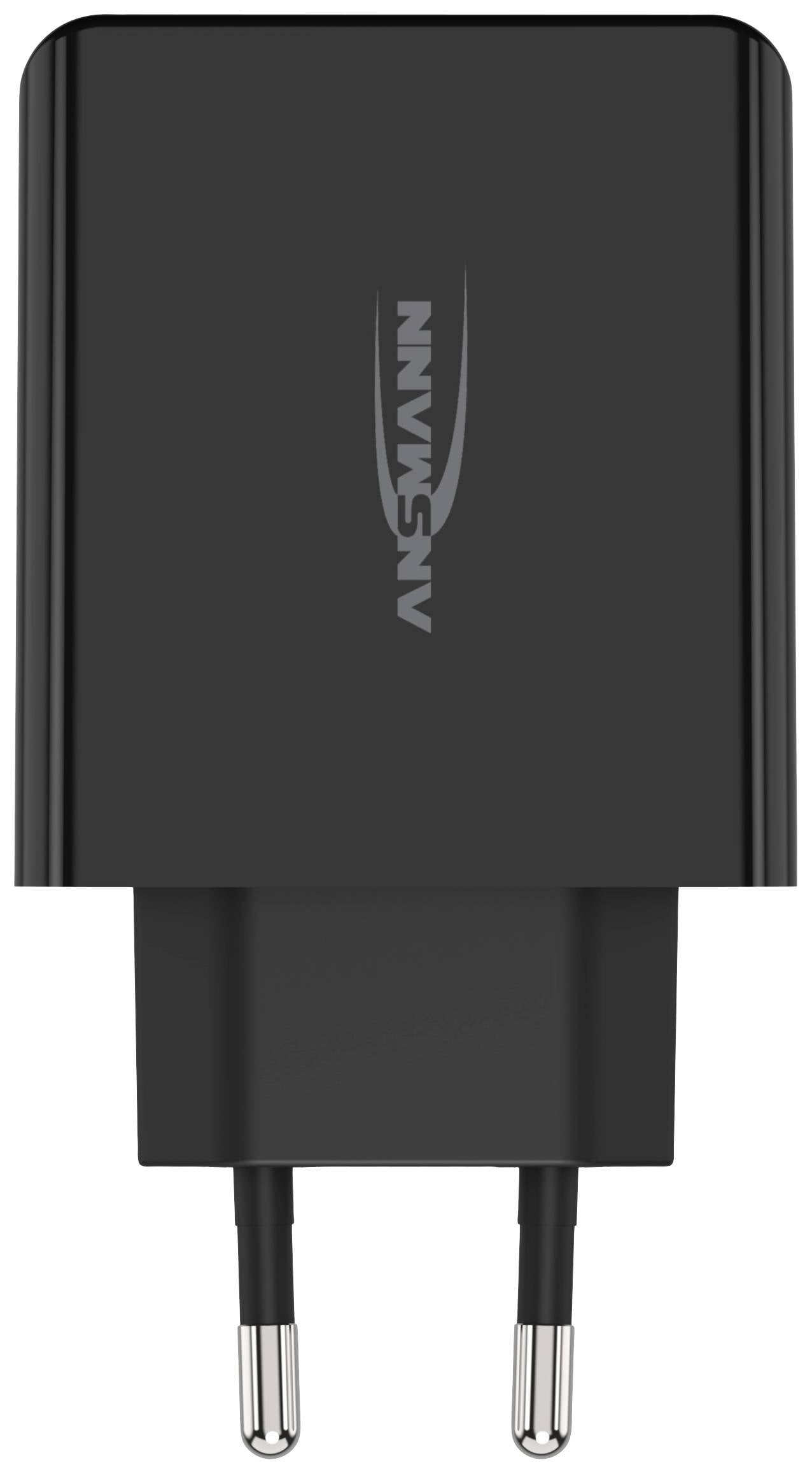 Schwarzes USB-Ladegerät mit zwei Metallsteckern, Marke Ansmann, zur Verwendung in elektrischen Steckdosen.