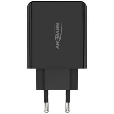 Schwarzes USB-Ladegerät mit zwei Metallsteckern, Marke Ansmann, zur Verwendung in elektrischen Steckdosen.