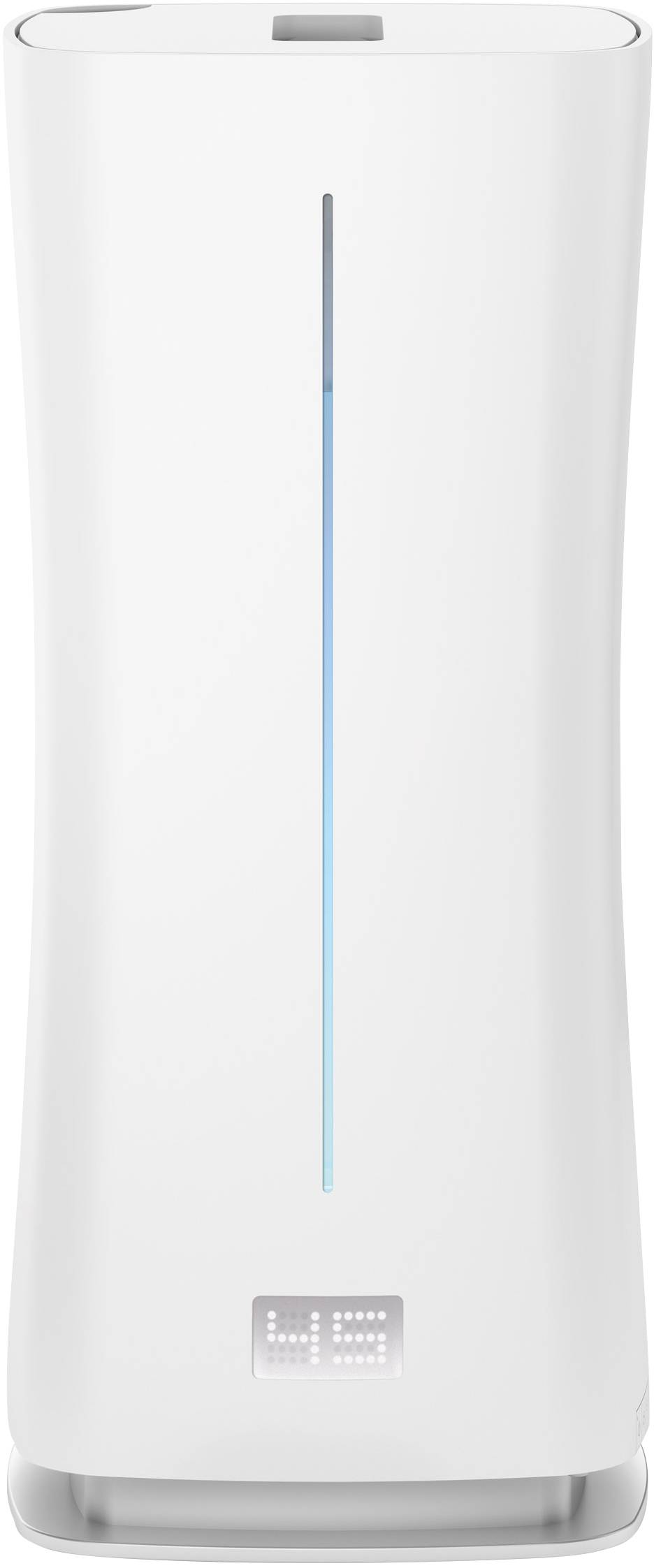 Ein weißer Luftbefeuchter mit digitaler Anzeige und Wasserstandsanzeige in der Mitte.