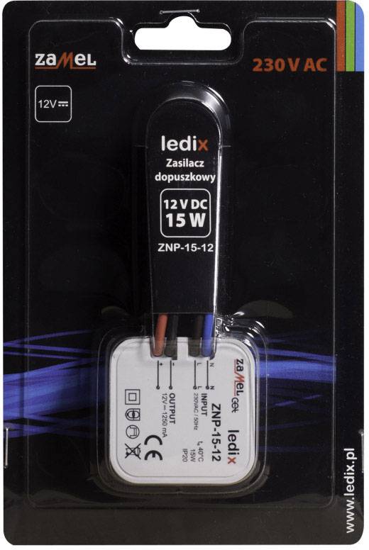 'LED-Treiber Zamel LEDIX ZNP-15-12', 15 W, 12 V DC, auf schwarzem Hintergrund, in Blisterverpackung.