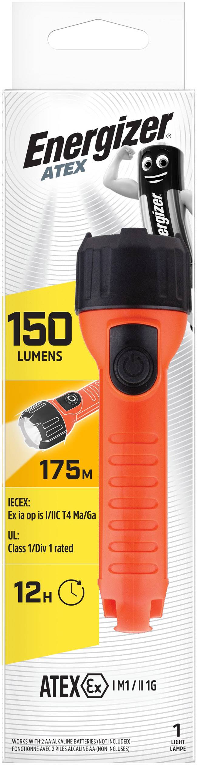 Orange Taschenlampe von Energizer ATEX, 150 Lumen, 175 Meter Reichweite, 12 Stunden Laufzeit, explosionsgeschützt, 1 Batterie erforderlich.