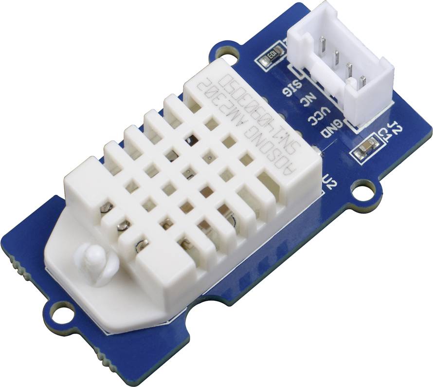 Sensor-Modul mit blauer Platine und weißem Gitter, vermutlich zur Messung von Temperatur und Luftfeuchtigkeit.